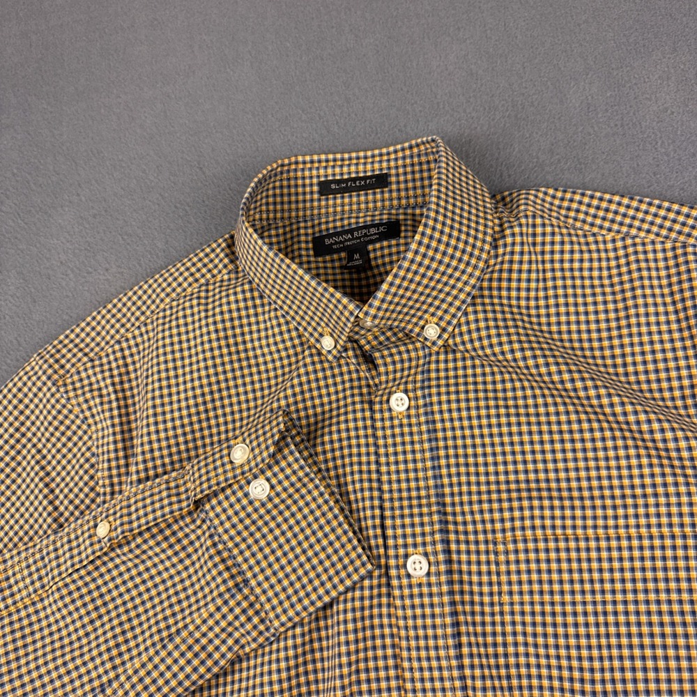 Banana Republic Shirt Men's M Yellow Blue Gingham Slim Flex Fit Tech Stretch